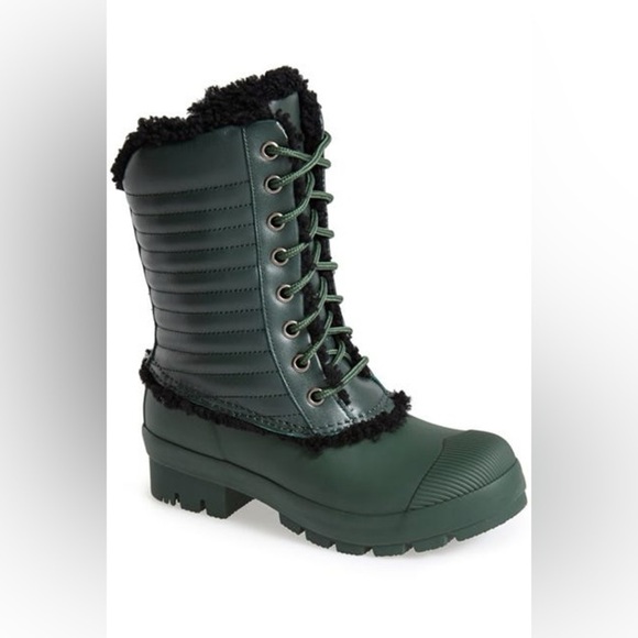 HUNTER ORIGINAL GENUINE SHEARLING & PATENT LEATHER LACE-UP RAIN BOOT Size 7 - Picture 1 of 10